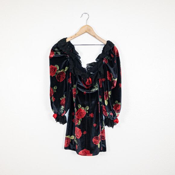 For Love & Lemons Yara Printed Velvet Mini Dress Black rose red size 2XS - Picture 6 of 13